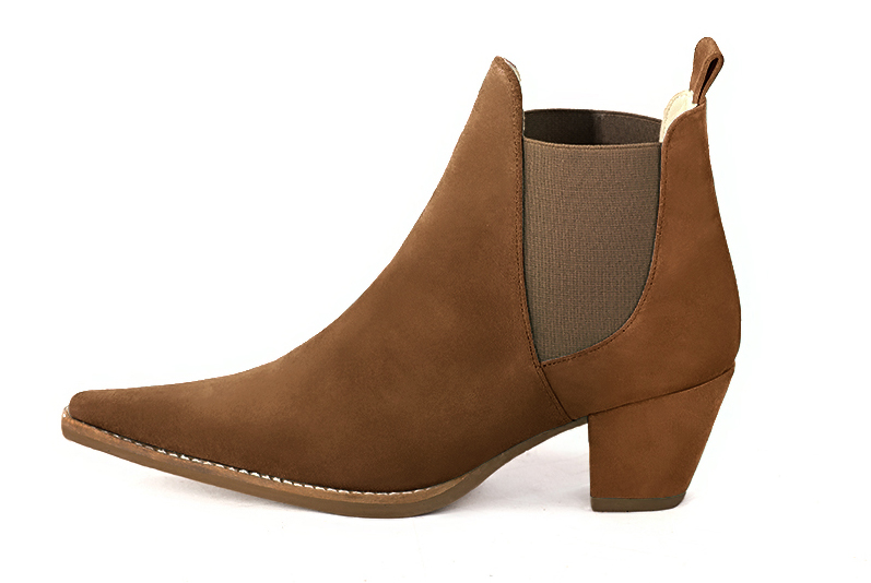 Caramel brown women's ankle boots, with elastics. Pointed toe. Medium cone heels. Profile view - Florence KOOIJMAN